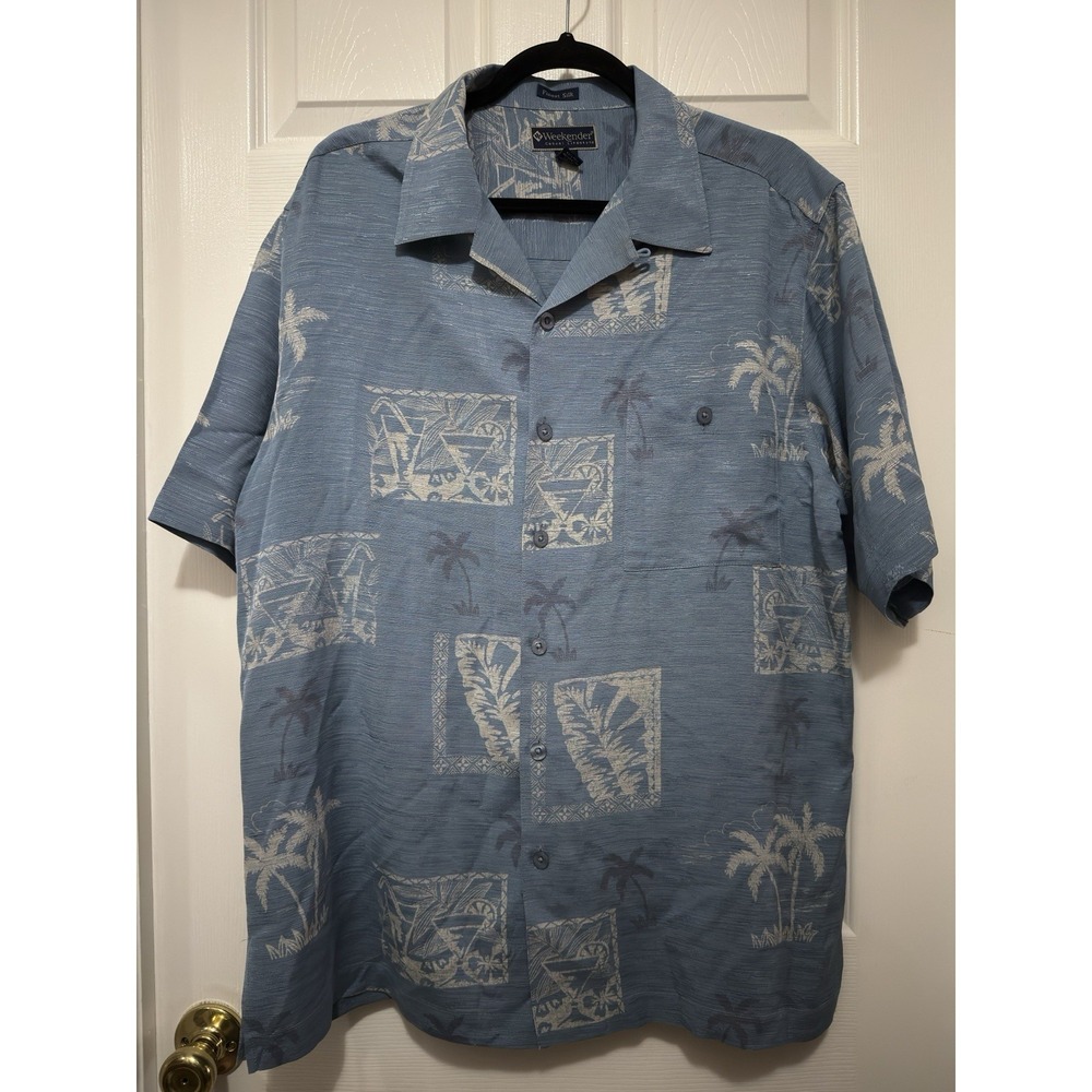 Weekender Men L Hawaiian Shirts LOT Of TWO Green Blue Silk Ltd Edition Tropical